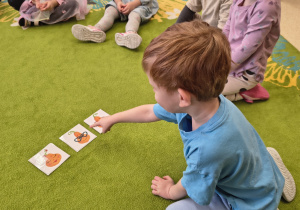 Chłopiec wskazuje obrazek zgodny z poleceniem słownym.