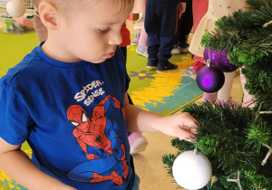 Chłopiec zakłada białą bombkę na choinkę.