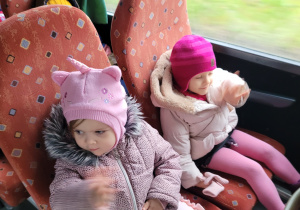 Dzieci z grupy Pszczółek siedzą w autokarze.