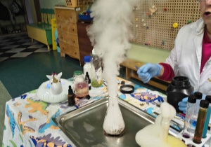 Dzieci oglądają spalanie w naczyniu chemicznym.