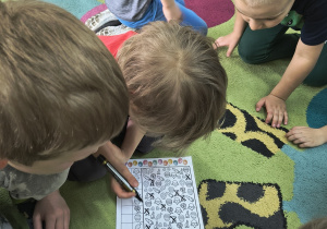 Chłopiec zaznacza mazakiem i liczy ślady zająca.