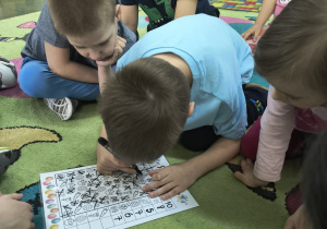 Chłopiec zaznacza mazakiem i liczy marchewki.